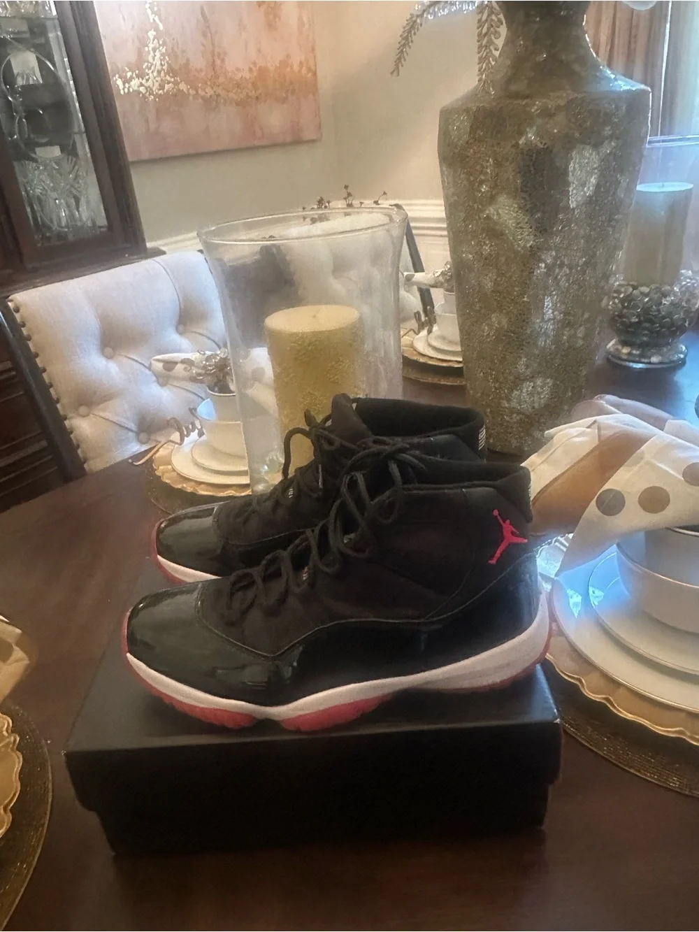 Slightly worn Jordan men’s Size 10 High-Top Sneakers in Black with Red Accents